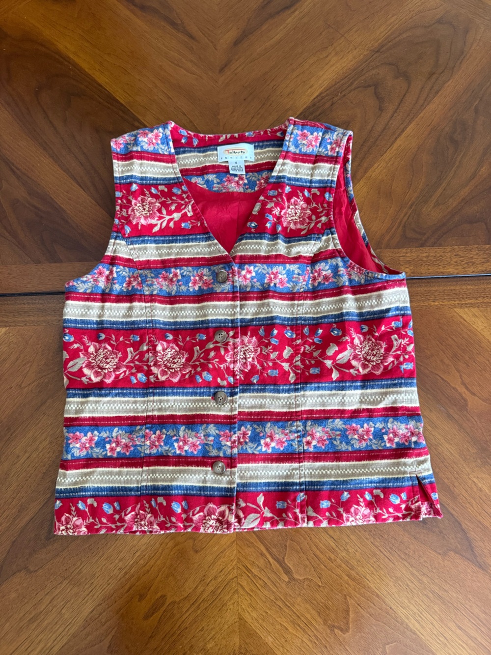 Talbots Vintage Red Floral & Stripe Button-Front Vest